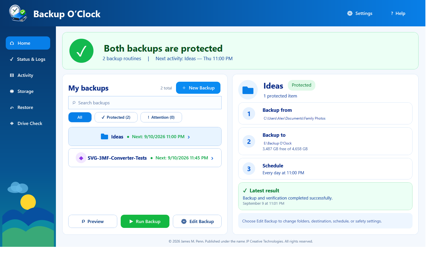 Backup O'Clock home screen with protected backup routines and verified status